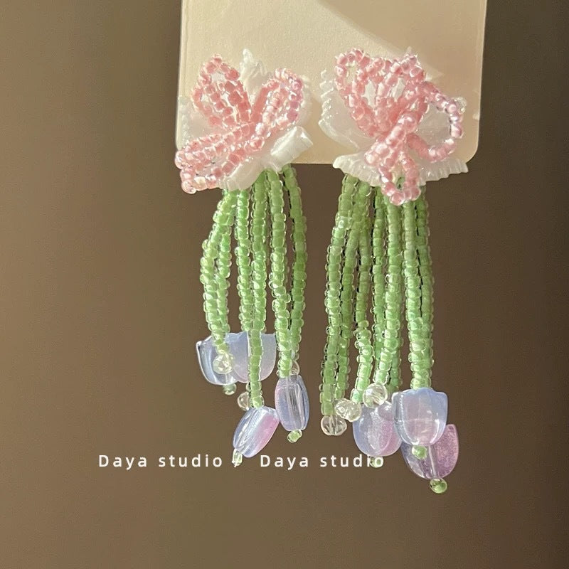 Pink Fabric Flower Tassel Earrings - view 12
