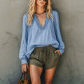 Casual Versatile Linen Cotton Long Sleeve V-Neck Ruffle Loose Shirt