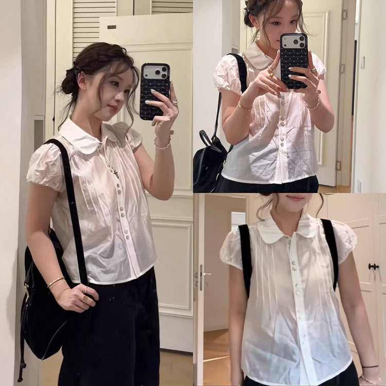 Summer Korean Tencel Puff Sleeve Peter Pan Collar Shirt