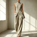 Fashion Elegant Sleeveless Drapey Shirt + Pants Set