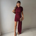 Slim Fit Bodycon Dress - Round Neck Ruched Irregular Hem Sleeveless Sexy Dress