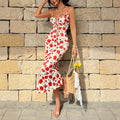 Women's French Floral Halter Tie Waist Slim Maxi Dress
