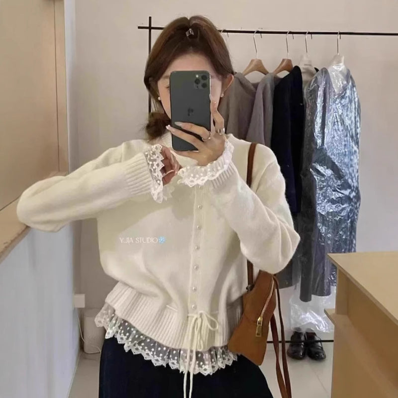 Women's Spring Korean Lace Crew Neck Tie-Front Waist-Tie Lace Trim Knit Top + Cardiga - As Pictured