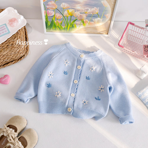 Girls' Embroidered Crochet Knit Cardigan