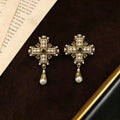 Vintage Cross Drop Imperial Breeze Western Retro Pearl Earrings Rhinestone Fashionable Personality Stud