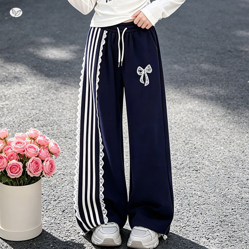 Girls' Bow Lace Trim Wide-Leg Straight Pants