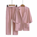 Women's Linen Cotton 3/4 Sleeve Textured Loose Elastic Jacket + Pants Set 2026 - Black