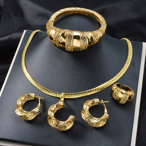 Vintage Bestseller Overseas Personality Round Cutout Texture Pendant Earrings Necklace Bangle 4-Piece Set Jewelry Set Women