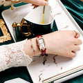 Light Luxury Long Square Rhinestone Women Belt Watch La Horse Numbers Red Green White Dial Croc Pattern Fine With Quartz Watch
