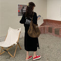 Plus Size Letter Print T-Shirt Dress - Korean Style Slit Hem Knee-Length Casual Dress