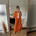 Vacation Linen Cotton Slit Loose Wide Leg Pants + Top 2-Piece Set
