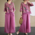Women's Summer Artistic Retro Printed Wide Leg Pants + Top 2-Piece Set 2026 - Rose Red Set
