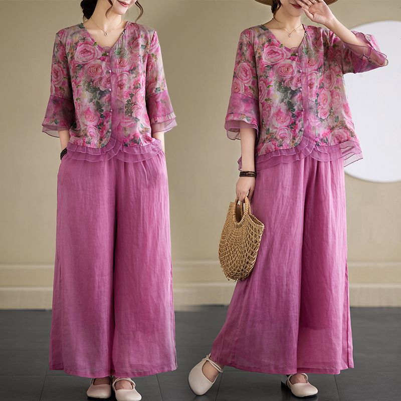 Women's Summer Artistic Retro Printed Wide Leg Pants + Top 2-Piece Set 2026 - Rose Red Set