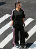 2026 New Street Style Casual Set, Loose Short Sleeve Tee + Side-Stripe Wide Leg Pants