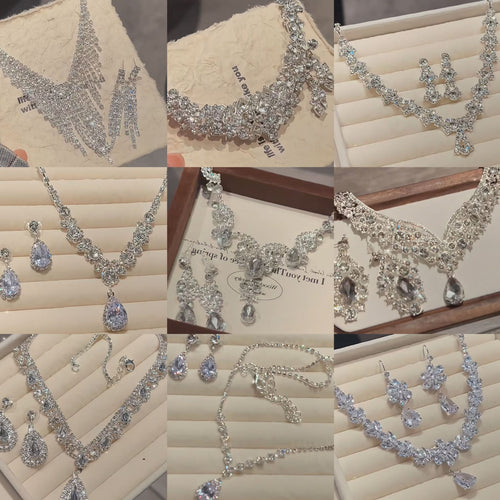 Banquet Luxury ~ Rhinestone Geometric Teardrop Stud Earring Necklace Set Fashionable Clavicle Chain Light Luxury Premium Necklace Women