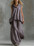 Spring-Summer Casual Fashion Linen Cotton Sleeveless Wide Leg Pants + Top 2-Piece Set