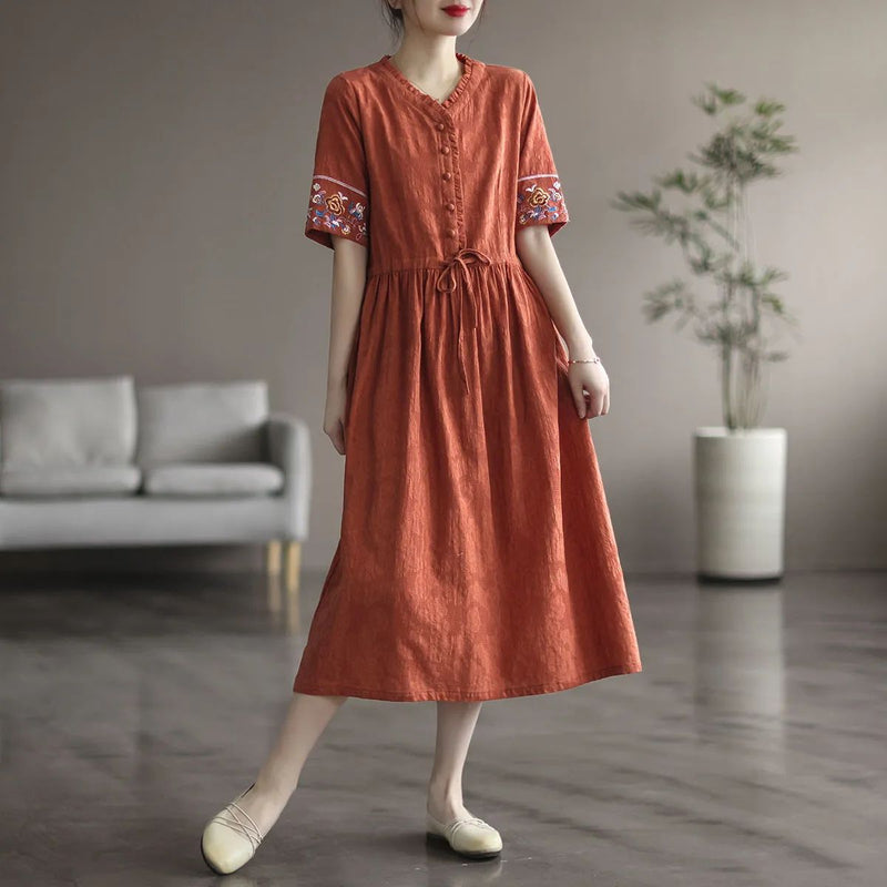 Washed Cotton Embroidered Drawstring Fitted Mid-Length Dress