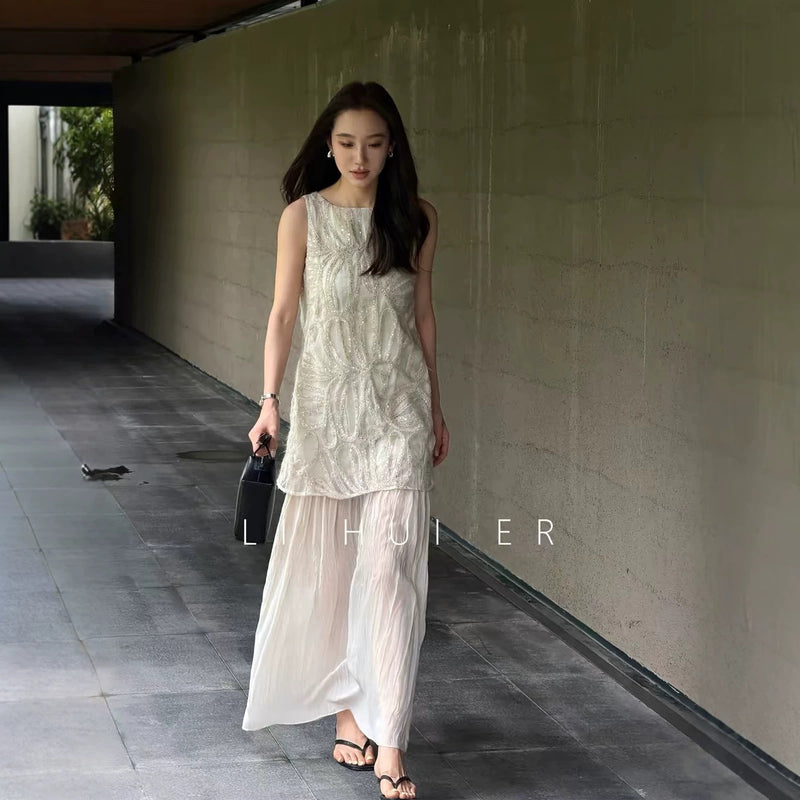 LiHuiEr李慧儿南法花园夏季燕麦重工刺绣连衣裙圆领宽松背心裙女
