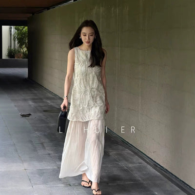 LiHuiEr李慧儿南法花园夏季燕麦重工刺绣连衣裙圆领宽松背心裙女