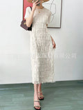 Pleated Fringe Short Sleeve Long Dress, Light Luxury Casual