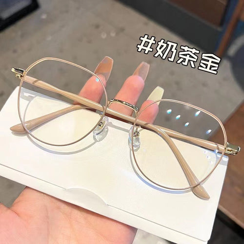 New Import Metal Artsy Student Anti-Blue Plano Women Casual Bare Face Versatile Polygon Photochromic Glasses
