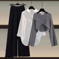 Fall-Winter Fashion Slimming Plus Size Knit Wool Wide Leg Pants + Sweater + Shirt 3-Piece Set