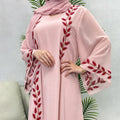 Turkish Style Pink Chiffon Plant Print Embroidered Long Dress