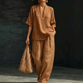 Summer Old Money Relaxed Linen Short Sleeve V-Neck Loose Wide Leg Pants + Top 2-Piece Set