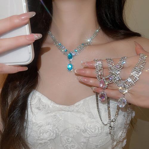 Vienna Old Dream Crystal Color Gem Oval Round Jewelry Set Imperial Breeze Banquet Necklace Light Luxury Niche Necklace