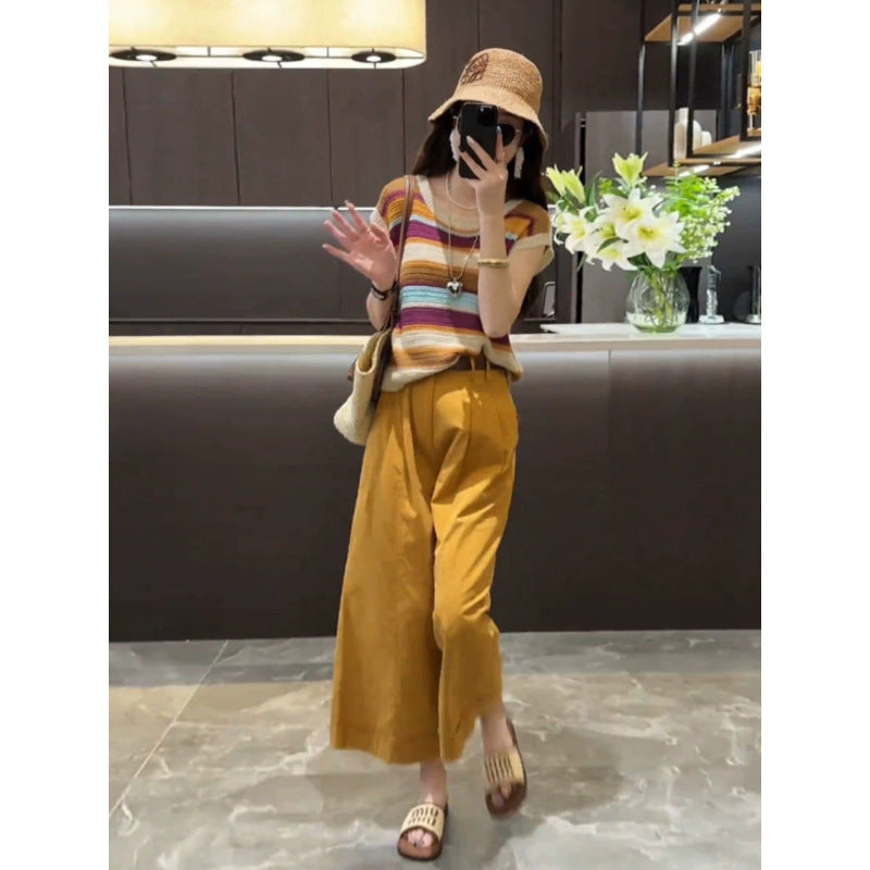 Summer Hong Kong Casual Hollow-Out Striped Ankle-Length Color-Block Knit Top + Pants 2-Piece Set