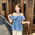 Summer Korean Elegant Off-Shoulder Boat Neck Ruffle Shirt