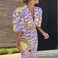 Women's Ethnic Retro Short Sleeve V-Neck Printed Flared Jacket + Pants Set 2026 - As Pictured