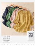Women's Summer Artistic Retro Linen Cotton Embroidered Crew Neck Lightweight Loose Sh - Pink
