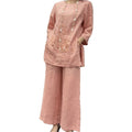 Women's Summer New Chinese Embroidered 3/4 Sleeve Heavy Wide Leg Pants + Shirt 2-Piec - Pink