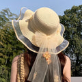 新款甜美大蝴蝶结遮阳草帽女 时尚气质大帽檐太阳帽户外防晒帽子