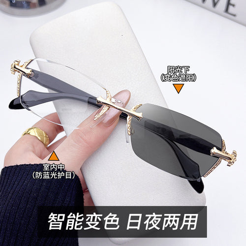 Fashionable Beveled Rimless Tweed Style Glasses Frame Men Formal Metal Photochromic Plano Women Trendy Blue-Light Glasses