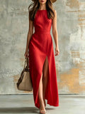 Minimalist Sleeveless Belted Slit Long Dress, Vacation Style