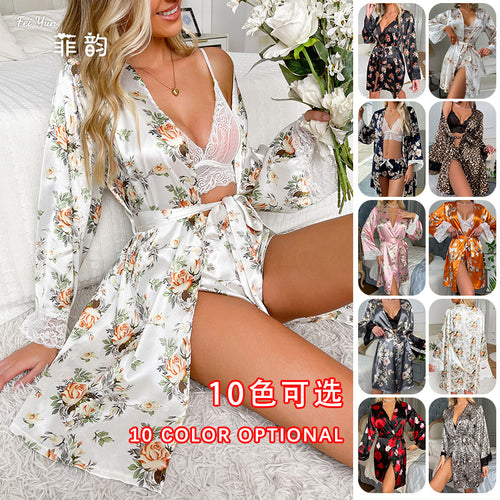 菲韵新款亚马逊热卖丝绸感女士睡袍性感拼接居家服浴袍睡衣389