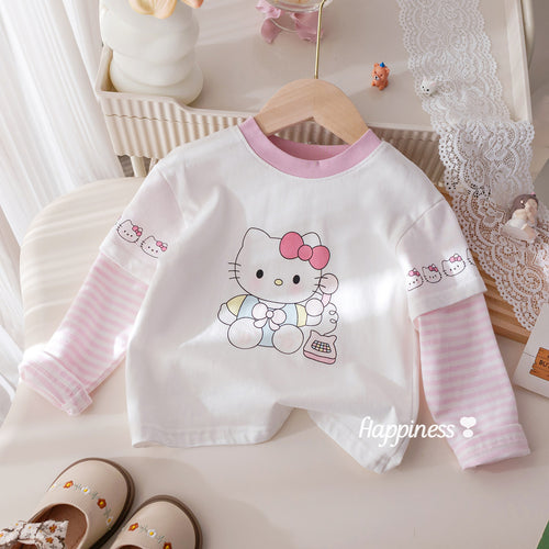 Girls' Faux Layered Cartoon Striped Long Sleeve T-Shirt