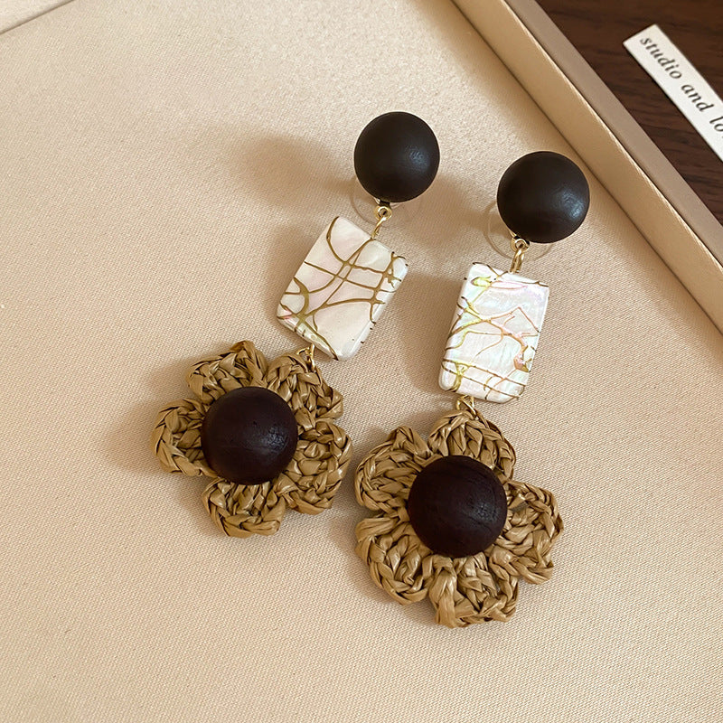 Vintage Wooden Flower Round Stud Earrings - view 4
