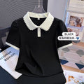 Plus Size Structured Shoulder T-Shirt - Doll Collar Faux Two-Piece Top Women