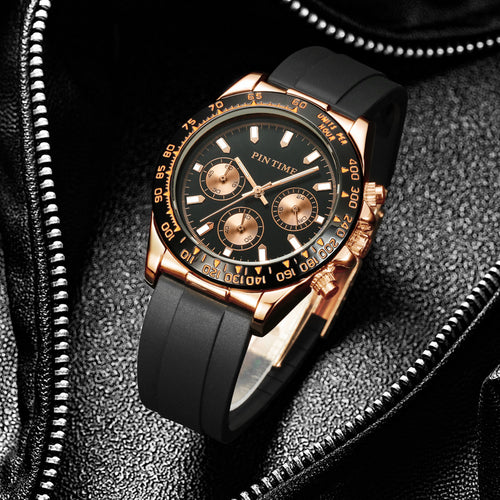 Drop Ship Item Time Watch Men Multifunction Sports Formal Real Tri-Eye Silicone Band Quartz Waterproof Mens Watch