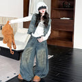 Girls' Letter Hoodie Denim Vest Wide-Leg Pants Three-Piece Set