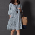 Korean Style Plus Size Cotton Linen Embroidered Short Sleeve Dress