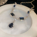 Silver Hands Imperial Breeze Rhinestone Geometric Teardrop Stud Earring Necklace Set Fashionable Clavicle Chain Light Luxury Premium Necklace Women