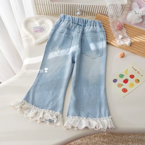 Girls' Cherry Embroidery Lace Flared Jeans