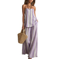 Women's Vacation Casual Linen Cotton Striped Loose Wide Leg Camisole + Pants 2-Piece - Sky Blue