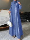 Women's Fall Casual Long Sleeve Patchwork Lace Trim Loose Dress 2026 - Blue