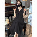 New Chinese Style Heavy Embroidery V-Neck Long Dress, Loose Slimming