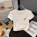 Cotton Crop Top - White Round Neck Slim Fit Short Sleeve Cropped Shirt Women